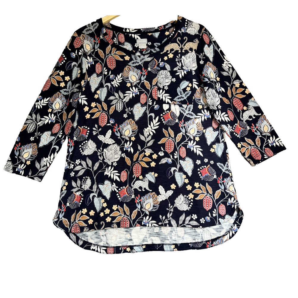 Chico's Shirt 1/Medium Navy 3/4 Sleeve Pocket Tee Cheetah Tropical Jungle Cats